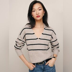 Reformation V-Neck Sweater in Beige with Black Stripes